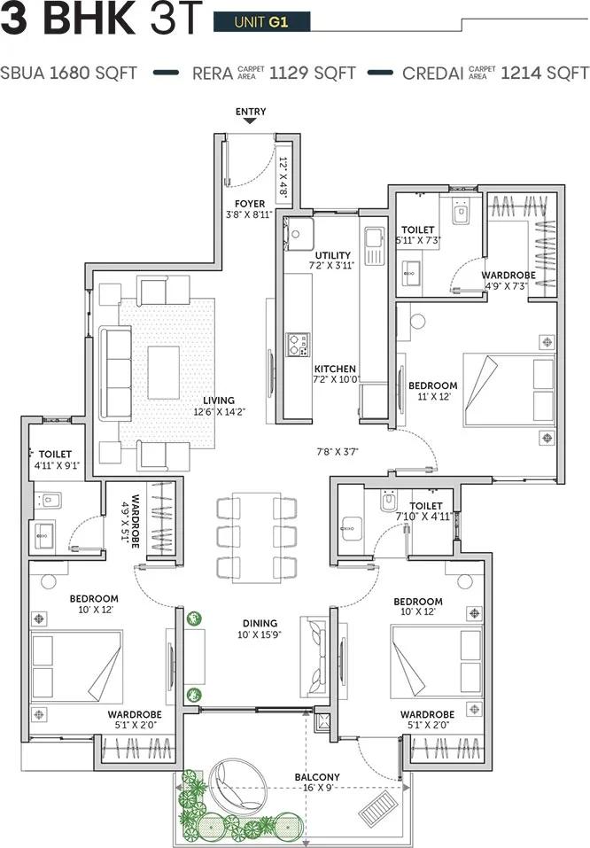 3 BHK 3T - 1680 - Assetz Sun And Sanctum