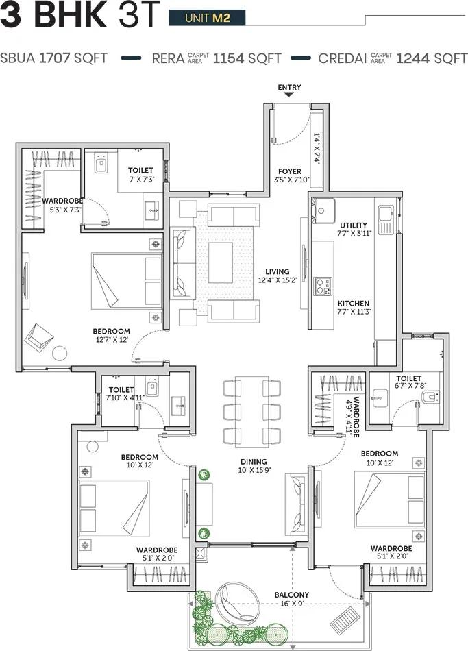 3 BHK 3T - 1707 - Assetz Sun And Sanctum