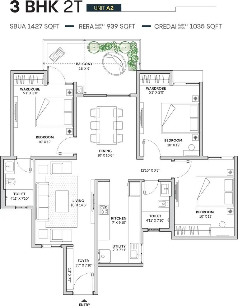 3 BHK 2T - 1427 - Assetz Sun And Sanctum