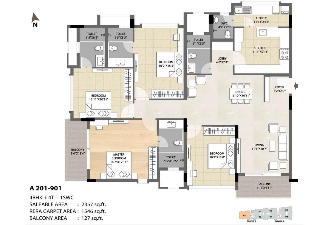 4 BHK 4T + SWC - 2357 DNR Spring Leaf