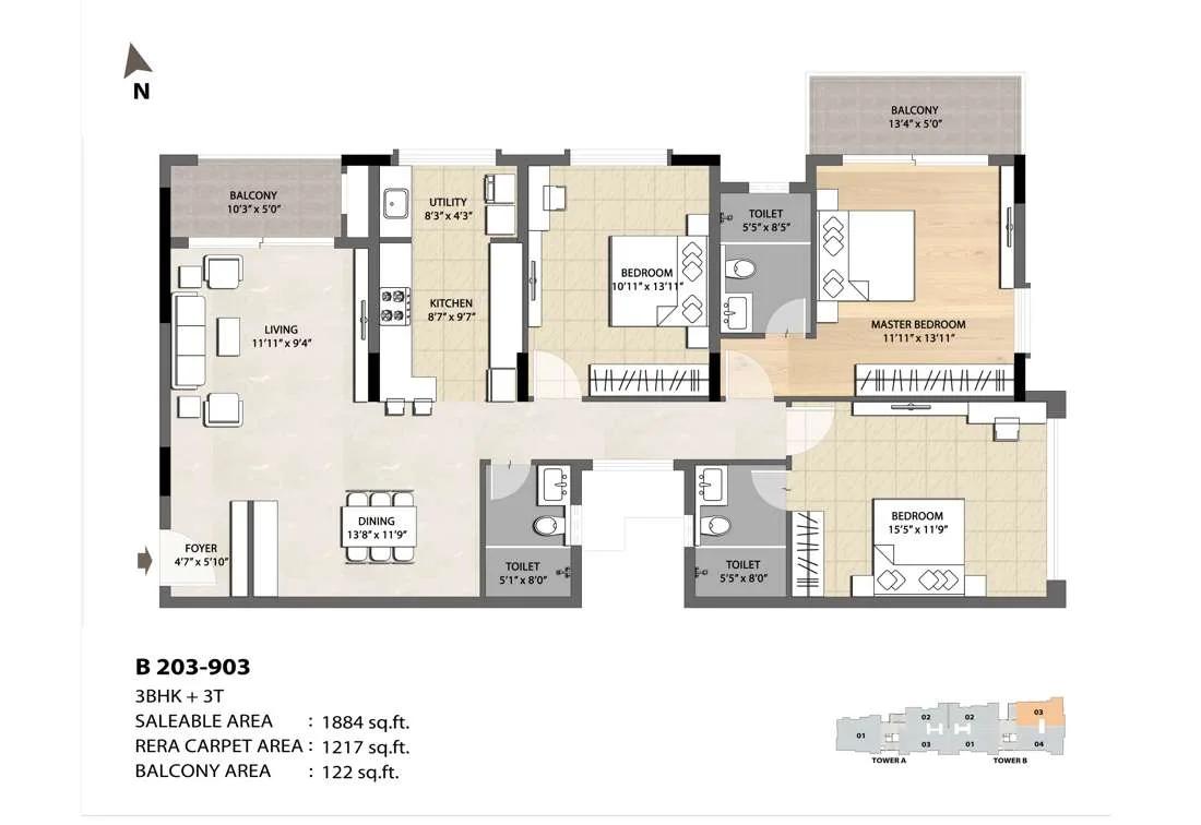 3 BHK 3T - 1884 DNR Spring Leaf