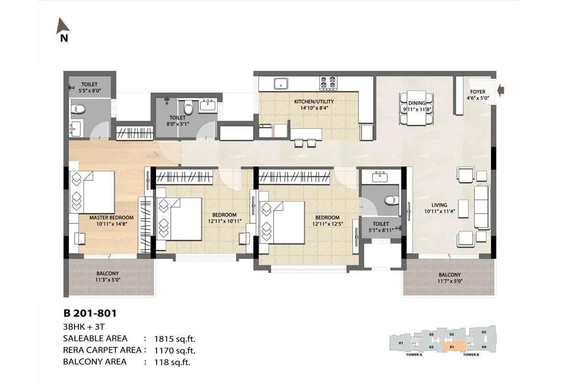 3 BHK 3T - 1815 DNR Spring Leaf