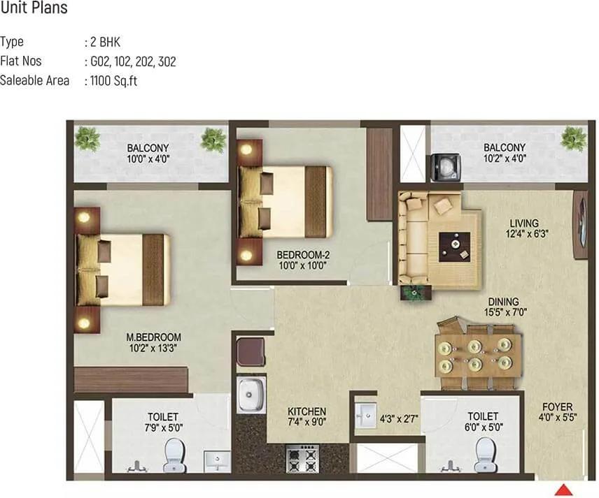 2 BHK - 1100 - Sowparnika Pragati Sarjapur