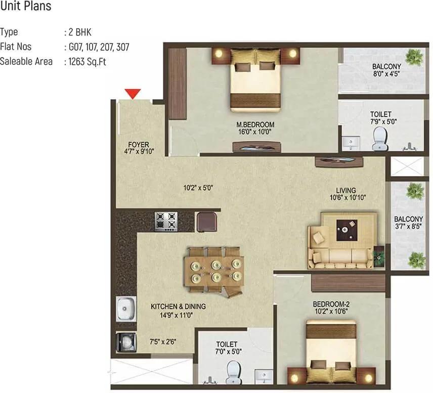 2 BHK - 1263 - Sowparnika Pragati Sarjapur
