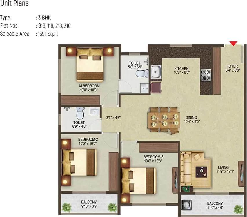 3 BHK - 1391 - Sowparnika Pragati Sarjapur