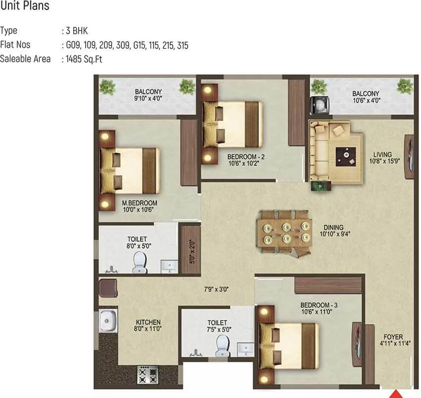 3 BHK - 1485 - Sowparnika Pragati Sarjapur