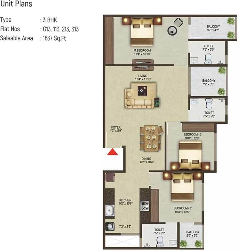 3 BHK - 1637 - Sowparnika Pragati Sarjapur