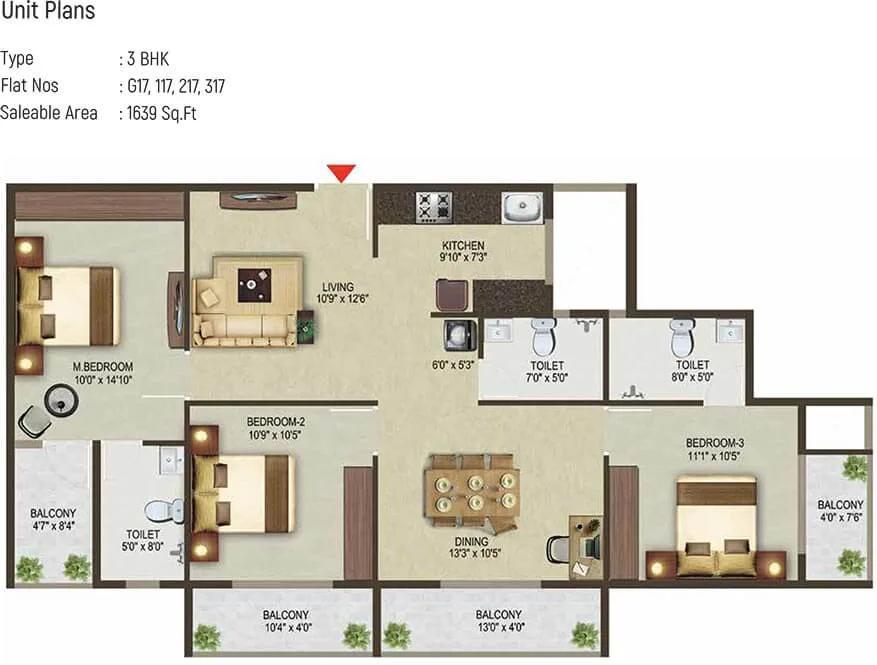 3 BHK - 1639 - Sowparnika Pragati Sarjapur