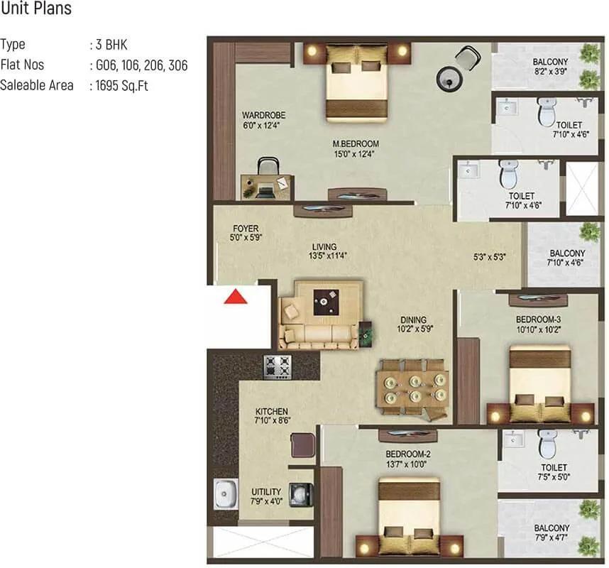3 BHK - 1695 - Sowparnika Pragati Sarjapur