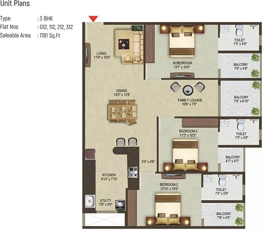 3 BHK - 1781 - Sowparnika Pragati Sarjapur