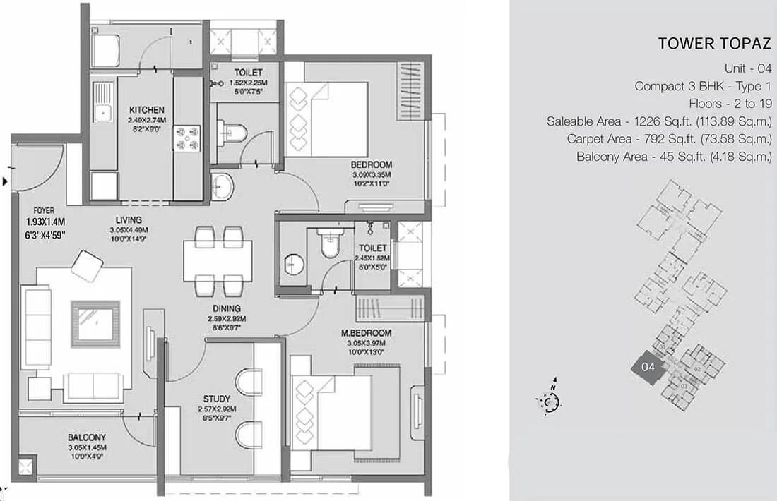 3 BHK Topaz - 1226 - Godrej Azure Chennai
