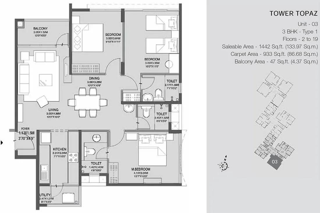 3 BHK Topaz - 1442 - Godrej Azure Chennai