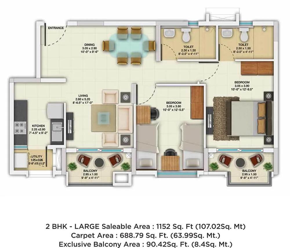 2 BHK Large - 1152 - TATA New Haven Ribbon Walk
