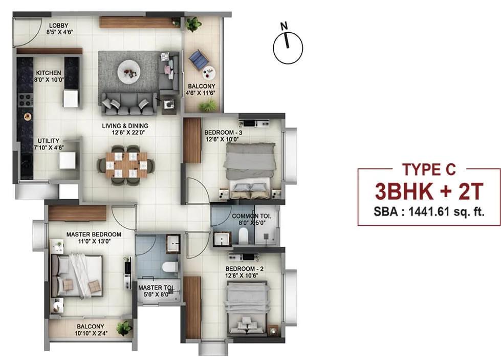 3 BHK 2T - 1441 - Salarpuria Sattva Signet Salarpuria Signet