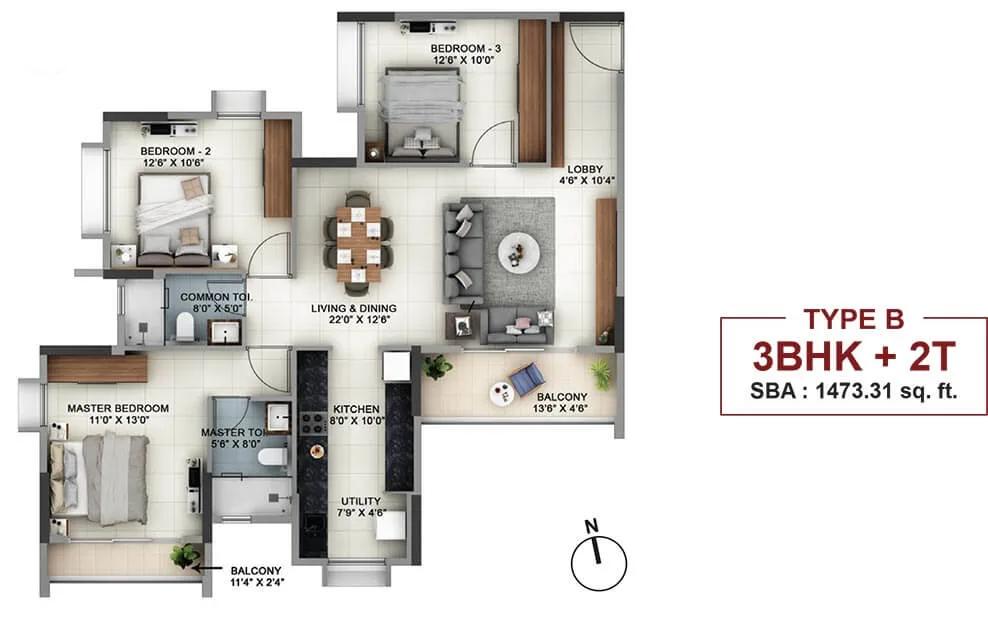 3 BHK 2T - 1473 - Salarpuria Sattva Signet Salarpuria Signet