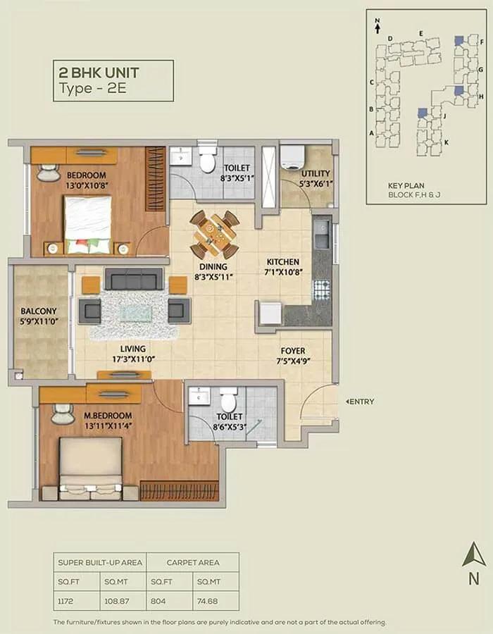 2 BHK - 1172 - Adarsh Pinecourt Hennur