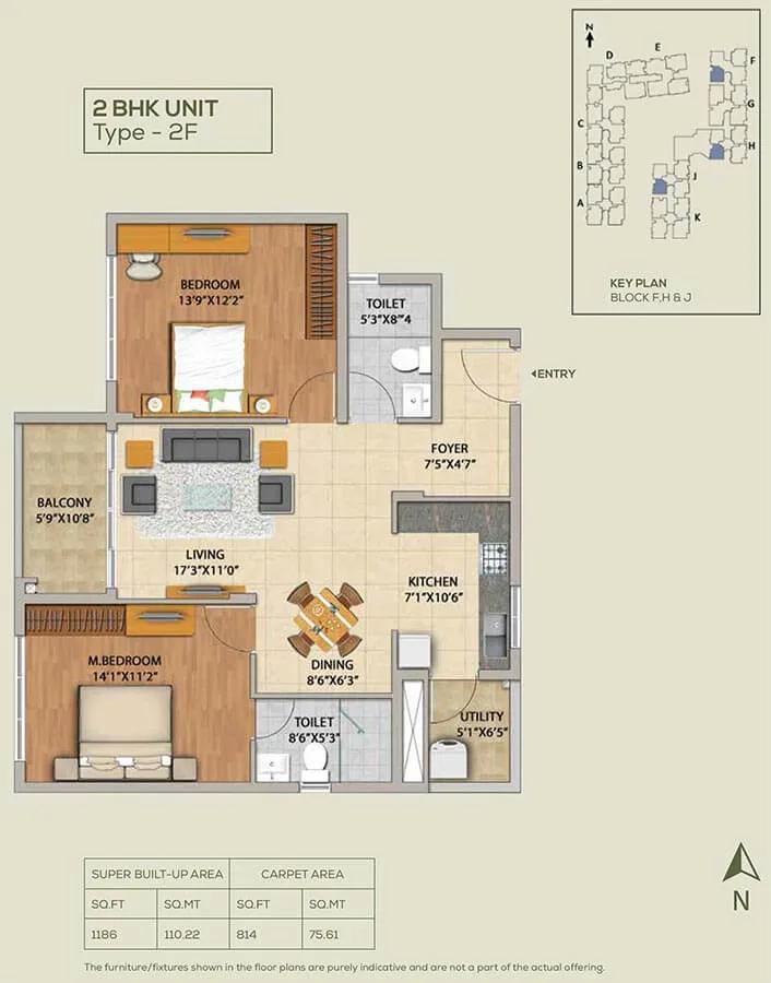 2 BHK - 1186 - Adarsh Pinecourt Hennur