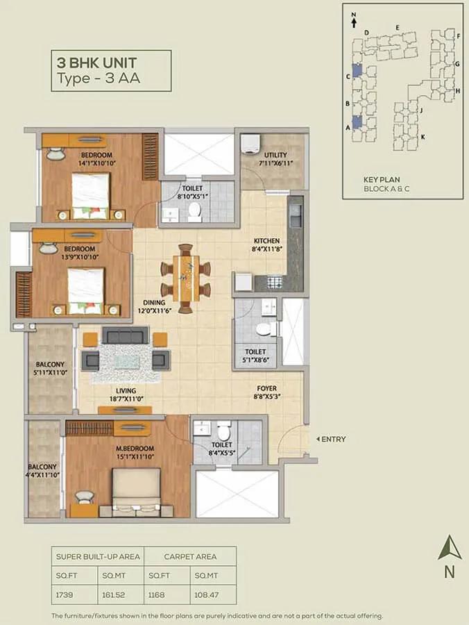 3 BHK - 1739 - Adarsh Pinecourt Hennur