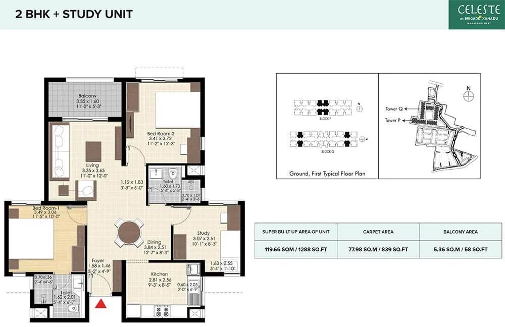 2 BHK Study - 1288 - Celeste At Brigade Xanadu