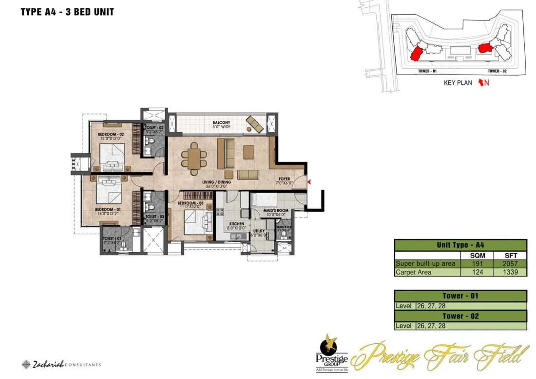 3 BHK - 2057 - Prestige Fairfield Dollars Colony