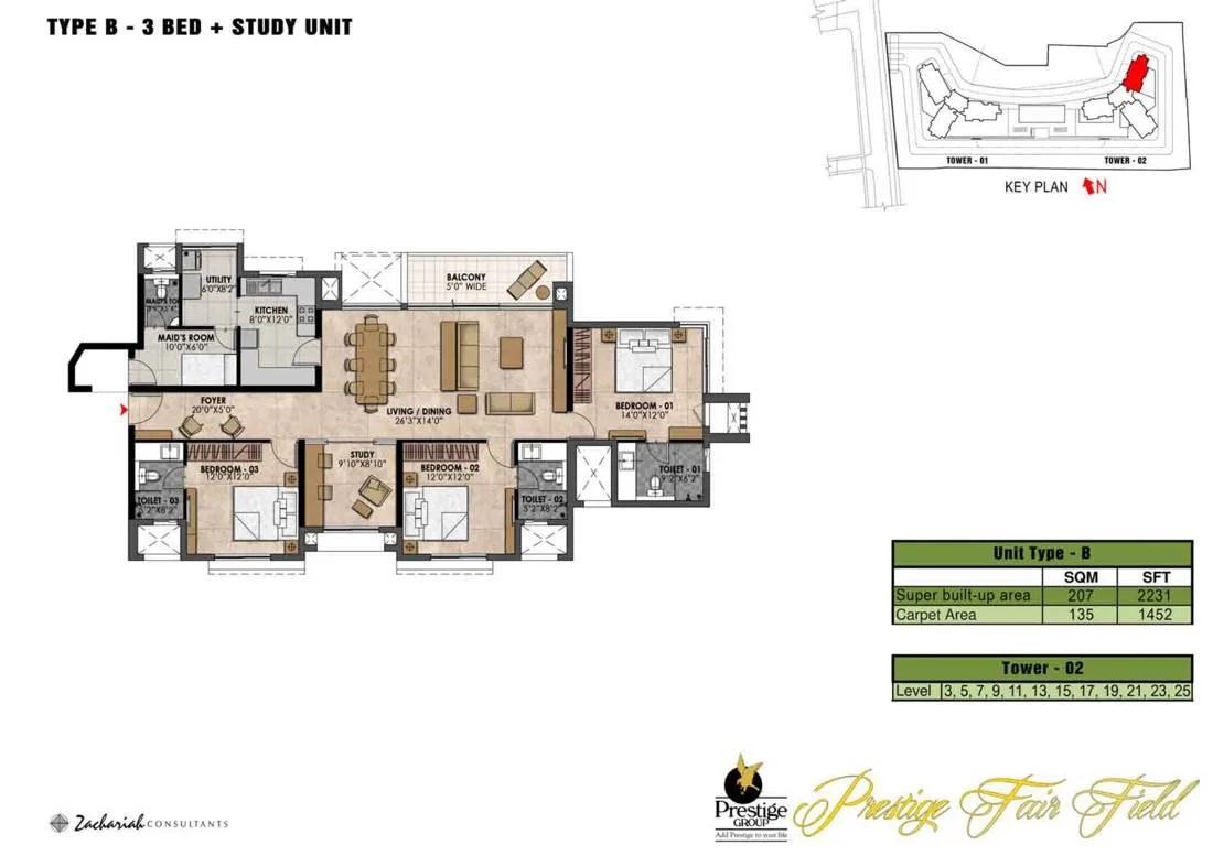 3 BHK - 2231 - Prestige Fairfield Dollars Colony