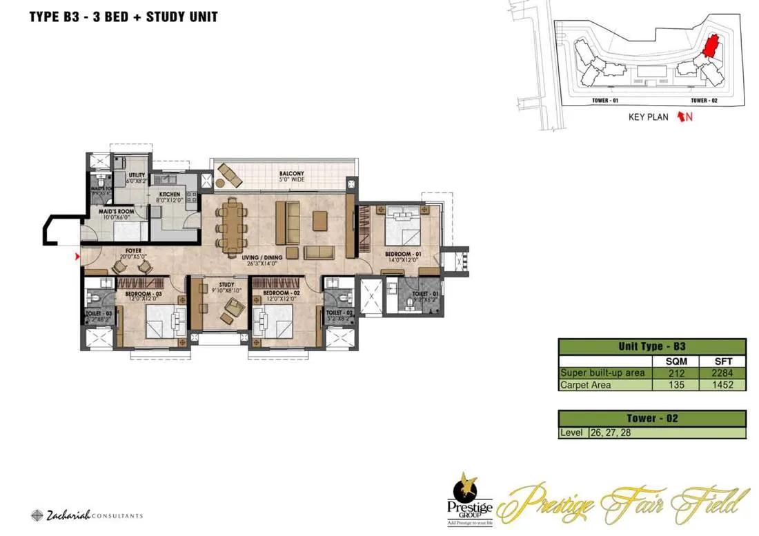 3 BHK Study - 2284 - Prestige Fairfield Dollars Colony