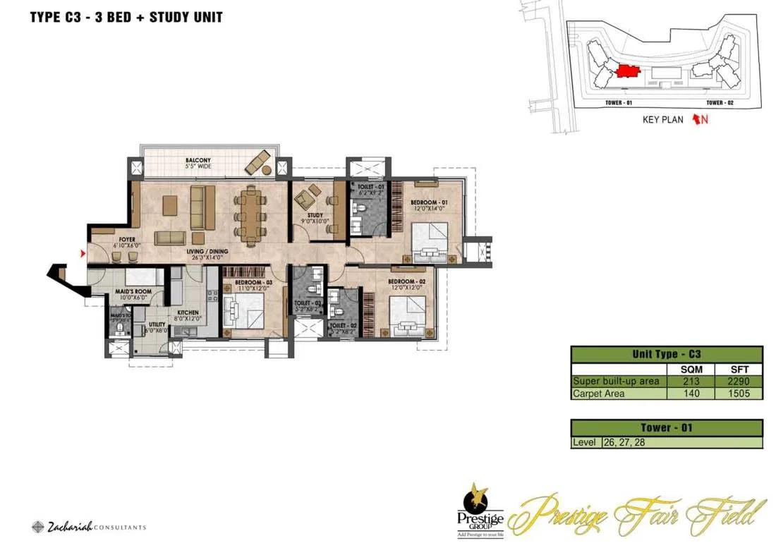 3 BHK Study - 2290 - Prestige Fairfield Dollars Colony