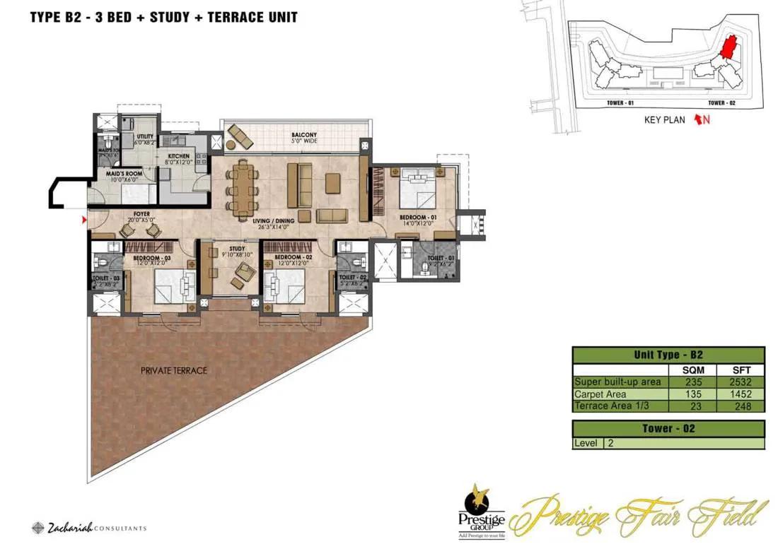 3 BHK Study Terrace - 2532 - Prestige Fairfield Dollars Colony