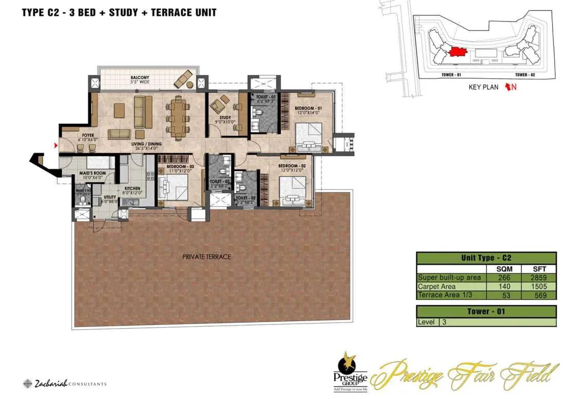 3 BHK Study Terrace - 2859 - Prestige Fairfield Dollars Colony