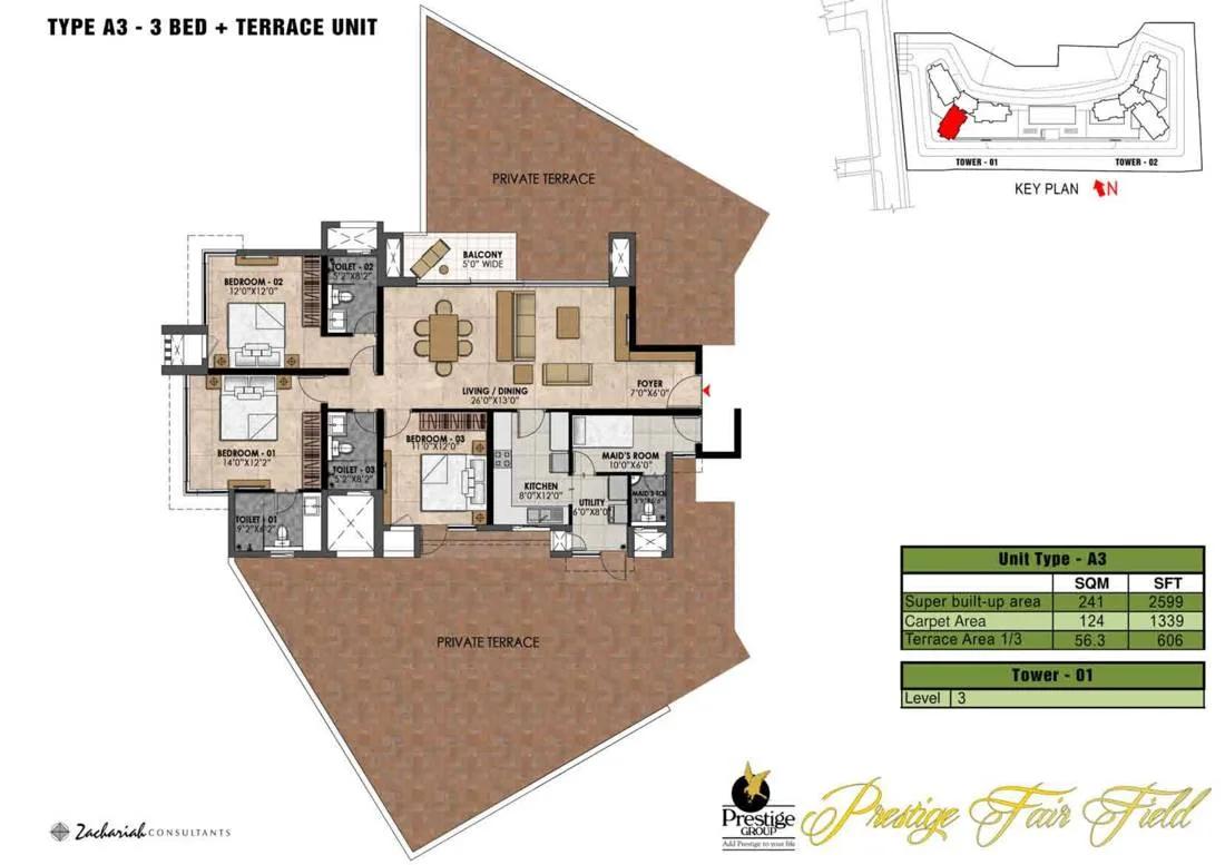 3 BHK Terrace - 2599 - Prestige Fairfield Dollars Colony
