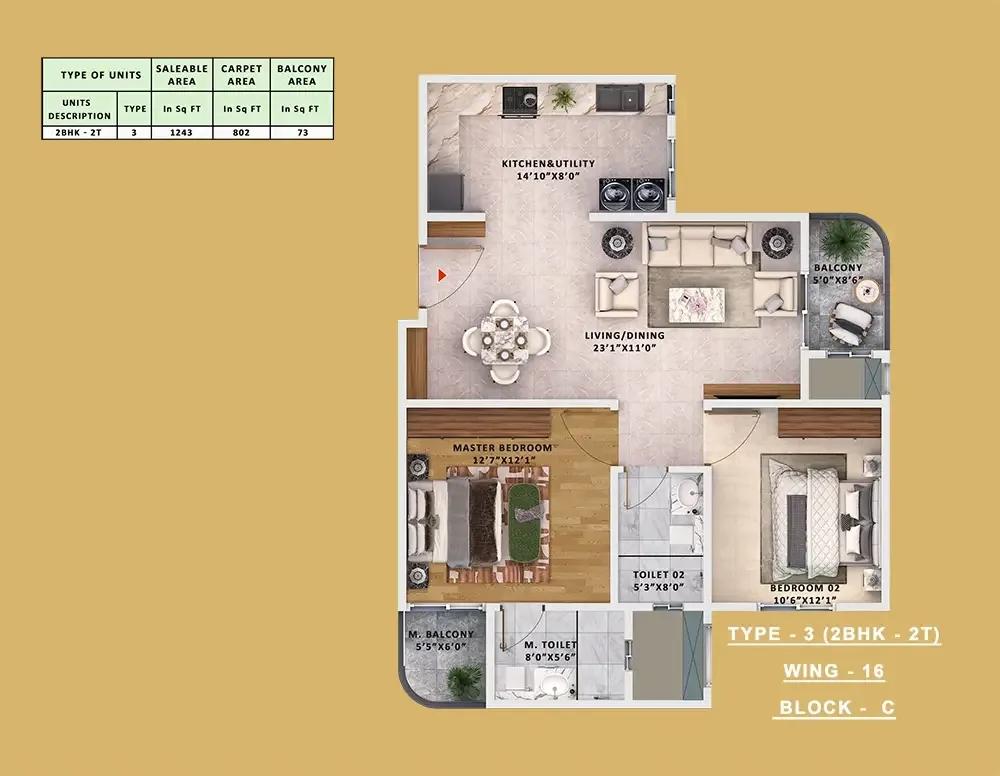 Type-3 2BHK-2T - Sattva Vasanta Skye