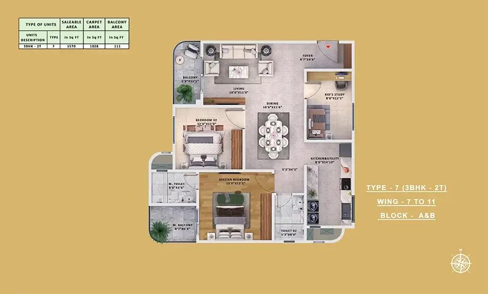 Type-7 3BHK-2T - Sattva Vasanta Skye