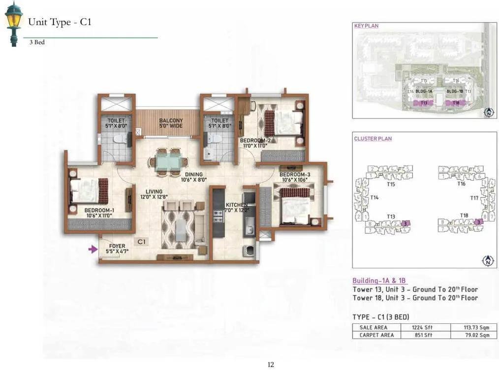 3 BHK C1 - 1224 Prestige Finsbury Park Regent