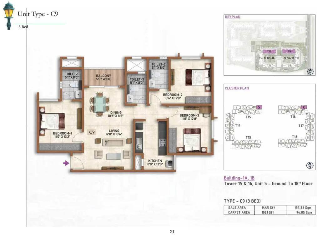 3 BHK C9 - 1445 Prestige Finsbury Park Regent