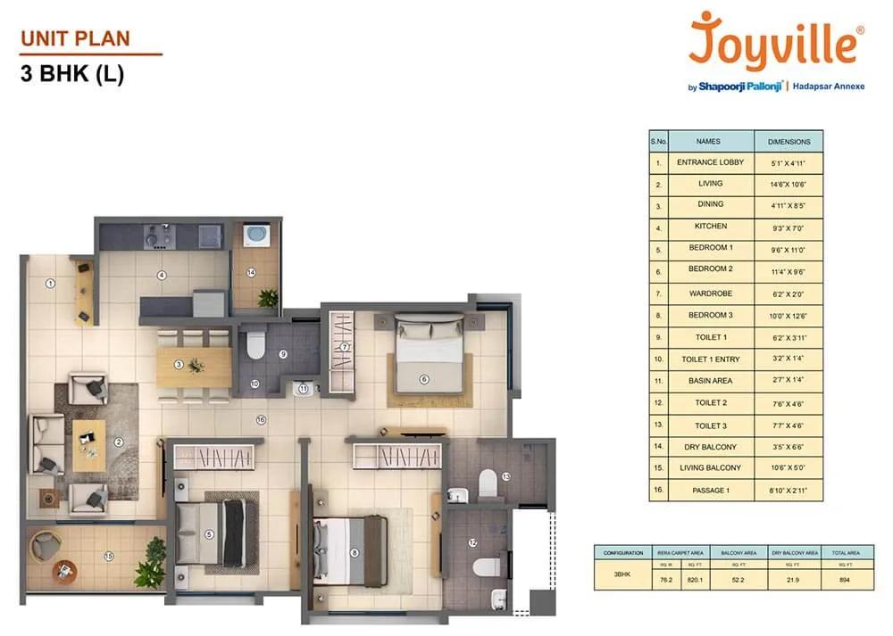 3 BHK L - Shapoorji Pallonji Joyville Hadapsar