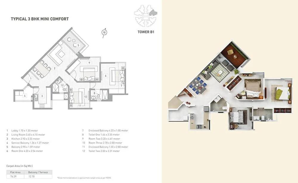 B1 3 BHK Comfort Mini - 76 A - Kasturi Eon Homes Pune