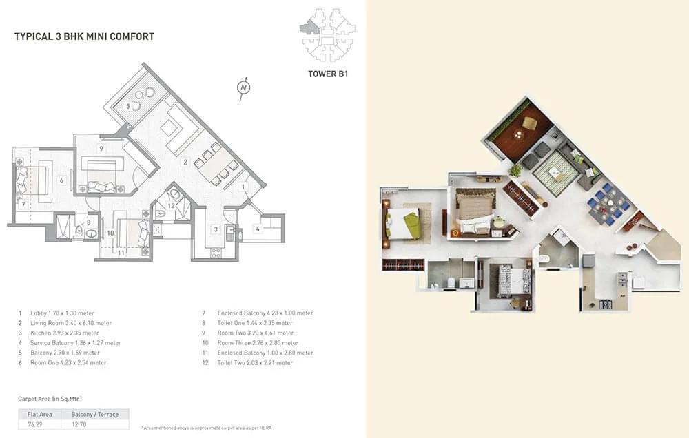 B1 3 BHK Comfort Mini - 76 - Kasturi Eon Homes Pune