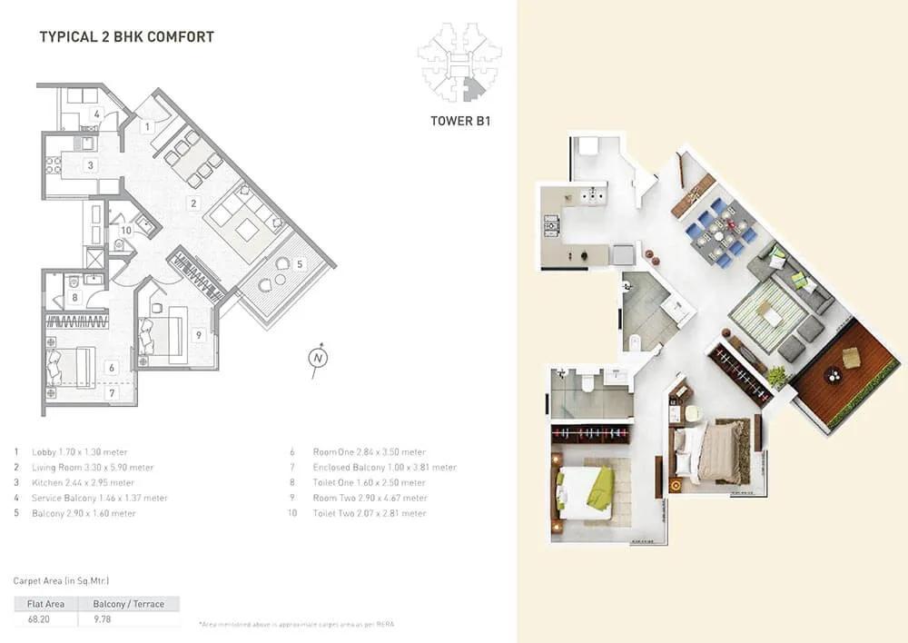 B1 2 BHK Comfort - 68 A - Kasturi Eon Homes Pune
