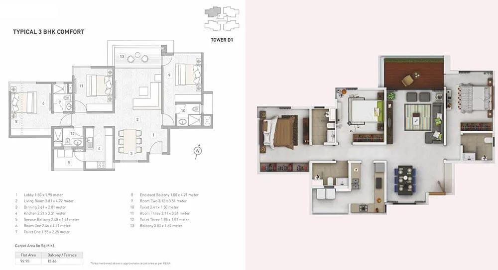 D1 3 BHK Comfort - 92 A - Kasturi Eon Homes Pune