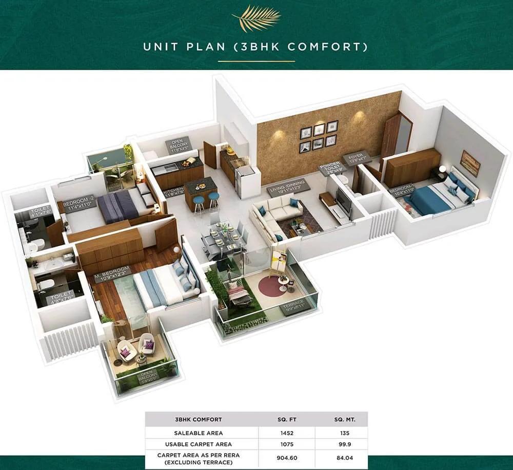 3 BHK Comfort - 1452 - Purva Emerald Bay Silversands