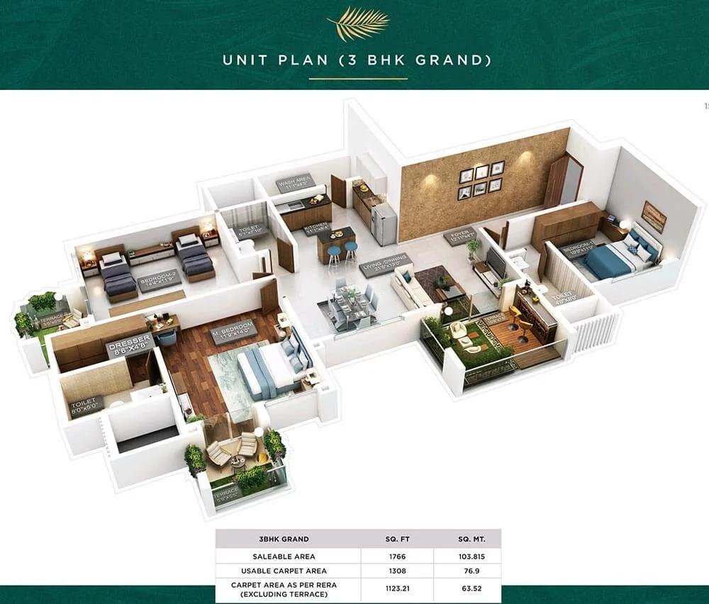 3 BHK Grand - 1766 - Purva Emerald Bay Silversands