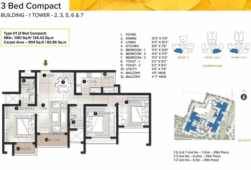 1361 - 3 BHK 2T - Prestige Avalon Park At Prestige City