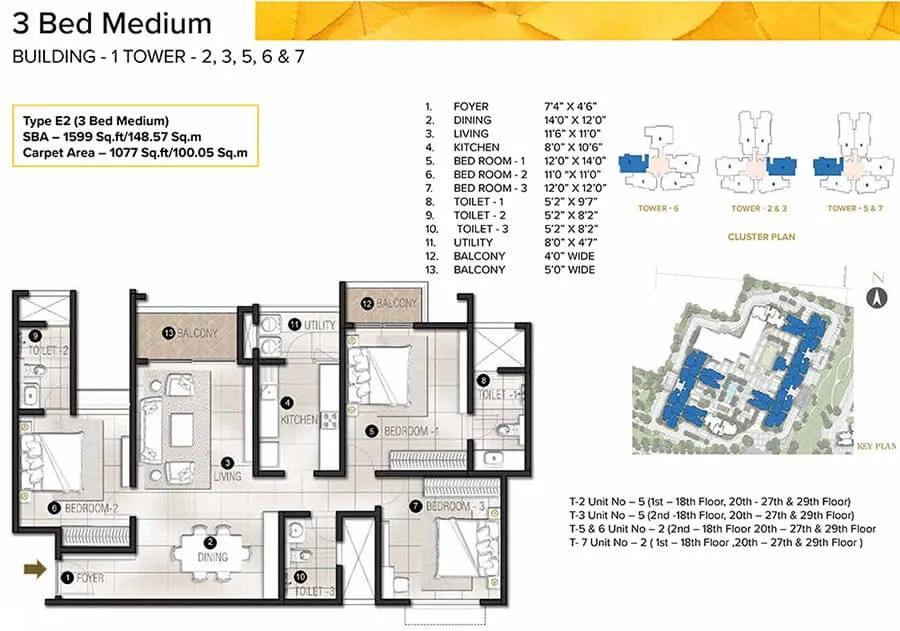 1599 - 3 BHK 3T - Prestige Avalon Park At Prestige City