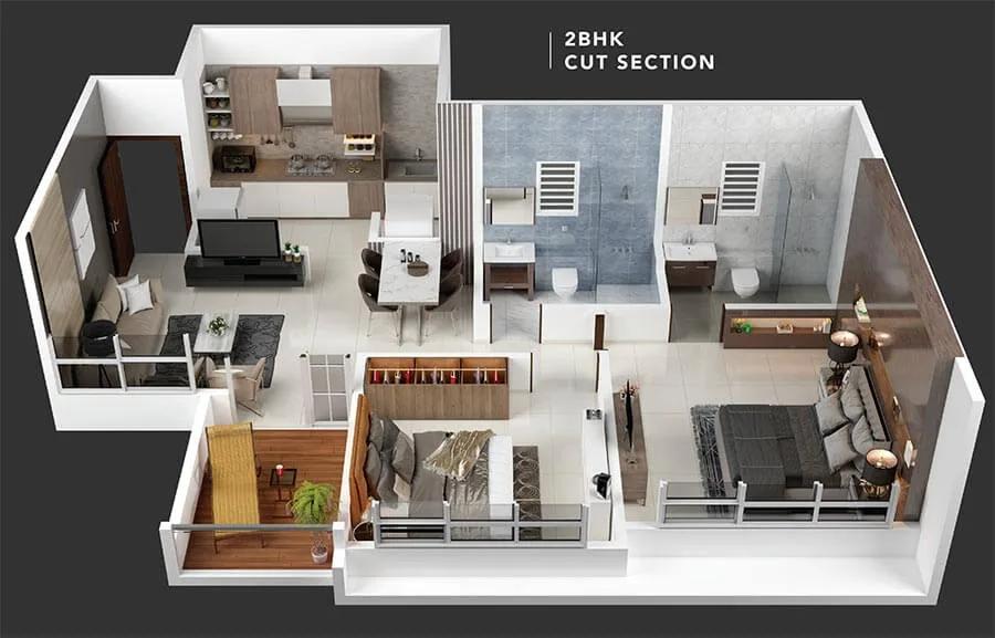 2 BHK A 3D - Kohinoor Coral Pune
