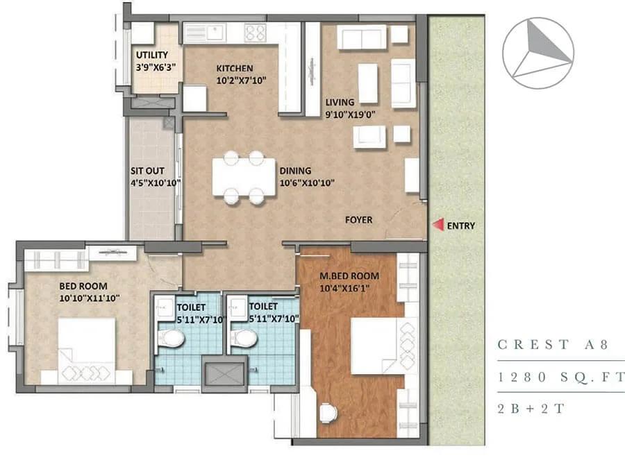 2 BHK 2T - 1280 - Monarch Aqua