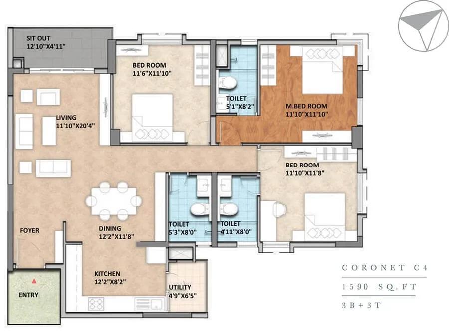 3 BHK 3T - 1590 - Monarch Aqua