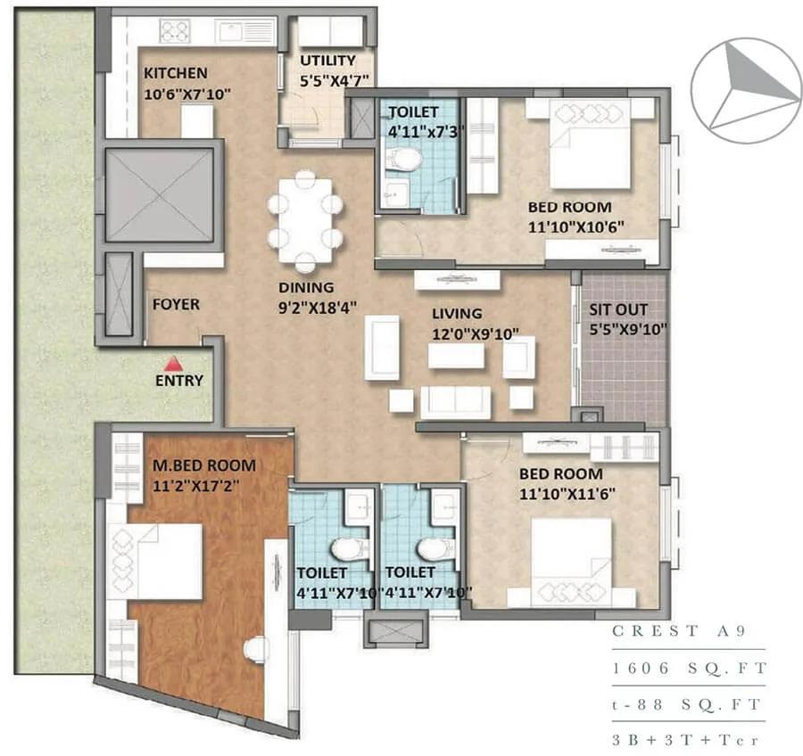 3 BHK 3T - 1606 - Monarch Aqua