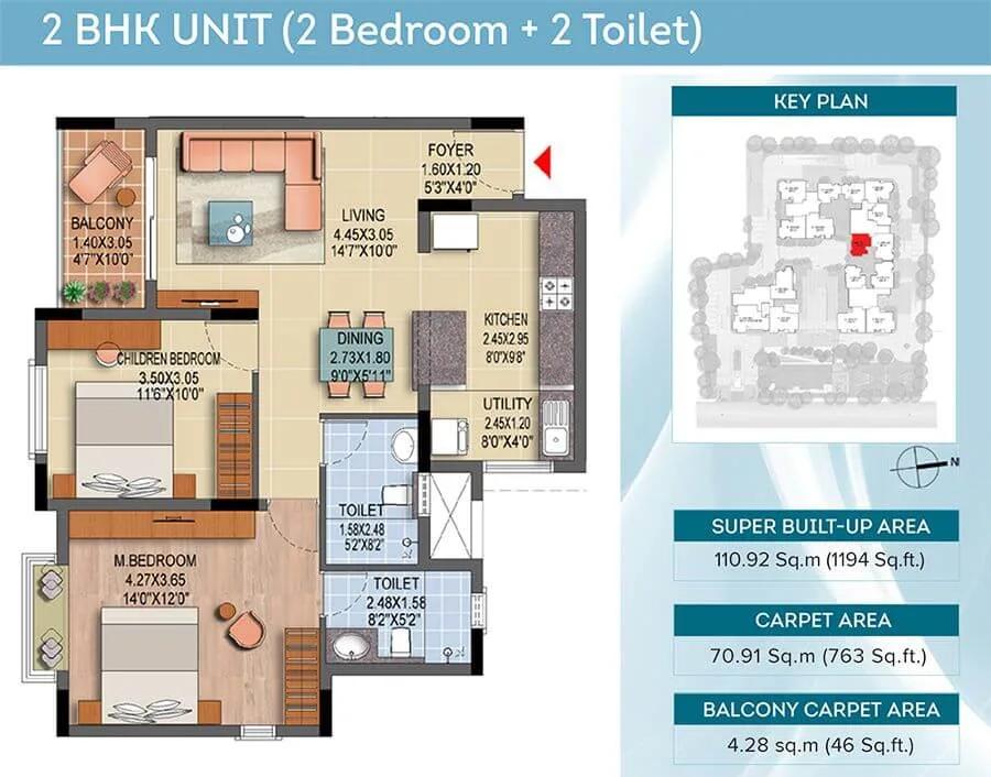1194 2BHK+2T - Brigade Laguna