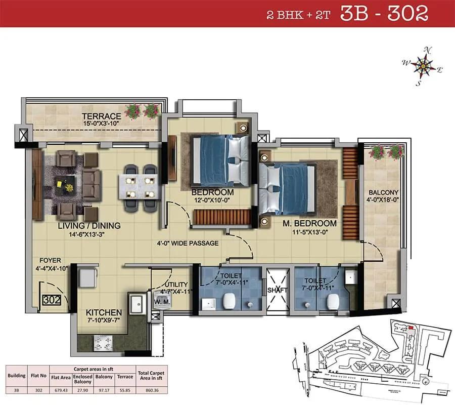 2 BHK 2T - 860 - Salarpuria Sattva HM Royal