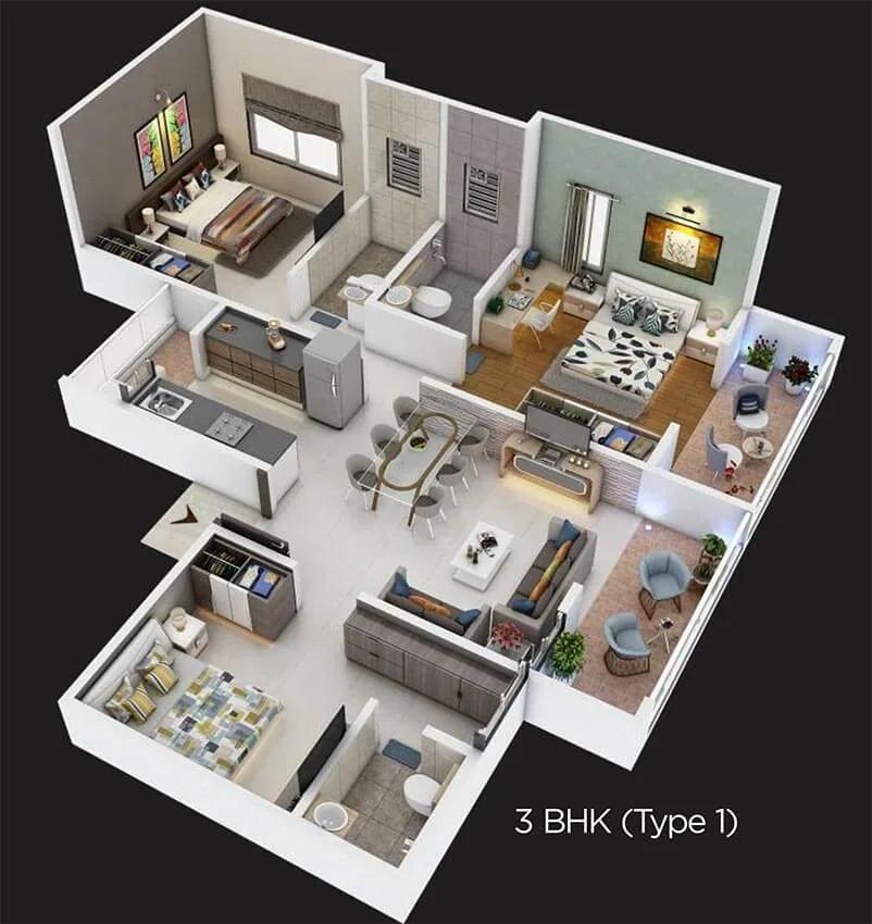 2 BHK Type 2 3D - Krisala 41 Evoke